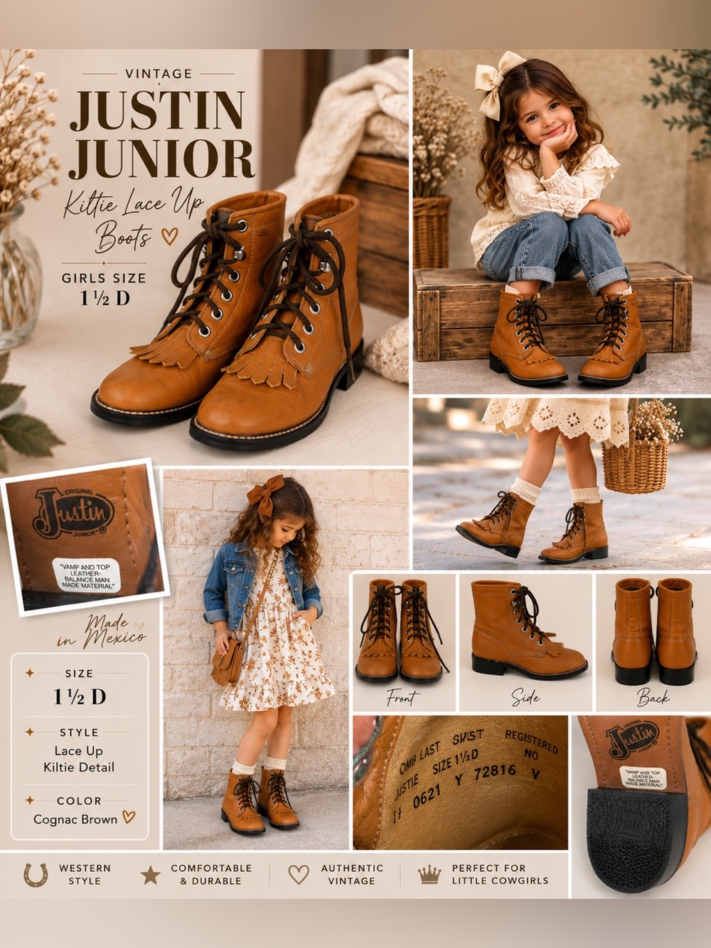 Vintage Justin Junior Girls 1.5 D Leather Kiltie Western Roper Boots